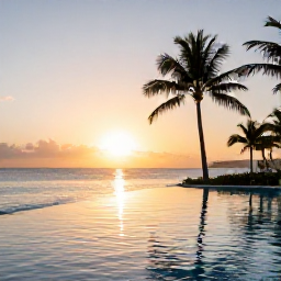 Caribbean Holidays, Bahamas Business Class, Elegant beachfront resort in The Bahamas with infinity pool, palm trees and sunset over calm Caribbean water