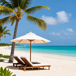 Caribbean Holidays, Bahamas Business Class, Elegant beachfront resort in The Bahamas with loungers, palm trees and clear blue water, peaceful holiday atmosphere