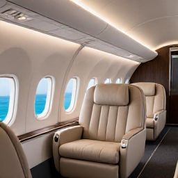 Caribbean Holidays, Bahamas Business Class, Elegant business class aircraft cabin with spacious seats, soft lighting and a view of turquoise Caribbean waters below