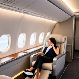 Caribbean Holidays, Bahamas Business Class, Elegant business class cabin with spacious lie-flat seats, soft lighting and a traveller relaxing before a flight to The Bahamas