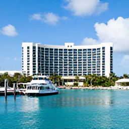Caribbean Holidays, Bahamas Business Class, Elegant waterfront hotel and marina in Nassau, The Bahamas, with palm trees and clear blue water