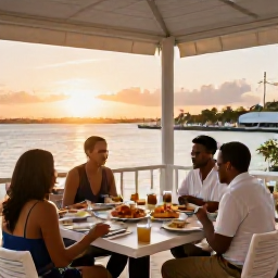 Caribbean Holidays, Bahamas Business Class, Elegant waterfront restaurant in Nassau at sunset, with diners enjoying Bahamian seafood and a sophisticated but relaxed atmosphere