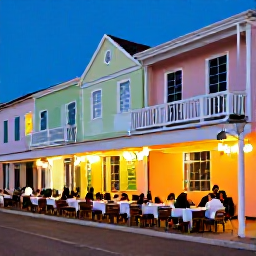 Caribbean Holidays, Bahamas Business Class, Evening street scene in Nassau with pastel colonial buildings, local restaurant tables and visitors enjoying Bahamian food and music