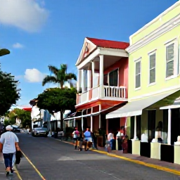 Caribbean Holidays, Bahamas Business Class, Historic Nassau street with pastel colonial buildings, Queen's Staircase, local market details, and visitors exploring in warm January sunshine