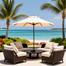 Caribbean Holidays, Bahamas Business Class, Luxury Bahamas resort overlooking calm turquoise sea, with comfortable outdoor seating and tropical gardens