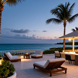Caribbean Holidays, Bahamas Business Class, Luxury Bahamian resort terrace overlooking the sea at dusk, with comfortable loungers, palm trees and a welcoming festive atmosphere