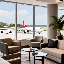 Caribbean Holidays, Bahamas Business Class, Modern airport lounge with comfortable seating, tropical refreshments and large windows overlooking an aircraft bound for The Bahamas