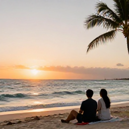 Caribbean Holidays, Bahamas Business Class, Relaxed couple watching sunset over a quiet Bahamian beach with gentle waves and palm silhouettes