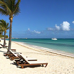 Caribbean Holidays, Bahamas Business Class, Relaxed Nassau beach scene in August with clear turquoise water, palm trees, sun loungers and a small boat offshore