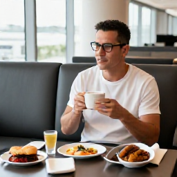 Caribbean Holidays, Bahamas Business Class, Relaxed traveller in a premium airport lounge enjoying refreshments before a flight to The Bahamas
