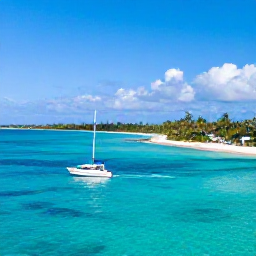 Caribbean Holidays, Bahamas Business Class, Small boat cruising through clear turquoise water between Bahamian islands, sandy coves and bright blue sky