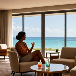 Caribbean Holidays, Bahamas Business Class, Traveller enjoying a stylish resort lounge overlooking the blue Caribbean Sea in The Bahamas, with a chilled drink and comfortable seating