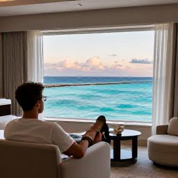 Caribbean Holidays, Bahamas Business Class, Traveller relaxing in a stylish Bahamas resort room overlooking a turquoise sea at sunset