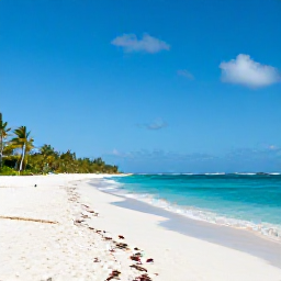 Caribbean Holidays, Bahamas Business Class, Turquoise sea and white sand beach in The Bahamas, palm trees, gentle waves and a bright May sky