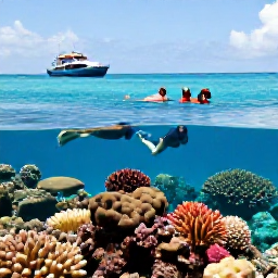 Caribbean Holidays, Bahamas Business Class, Visitors snorkelling above a colourful coral reef in the clear turquoise waters of The Bahamas, with a small boat nearby