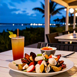 Caribbean Holidays, Bahamas City Breaks, A relaxed Bahamian restaurant terrace in Nassau serving fresh seafood, conch salad and tropical drinks in the evening