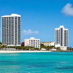 Caribbean Holidays, Bahamas City Breaks, Bright Nassau waterfront in June with pastel buildings, palm trees and clear turquoise sea