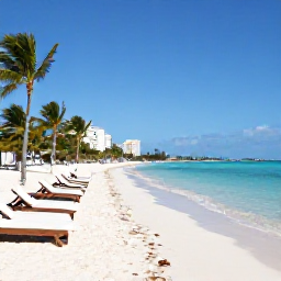 Caribbean Holidays, Bahamas City Breaks, Clear turquoise sea and soft white sand at Cable Beach near Nassau, with sun loungers and palm trees under a blue sky