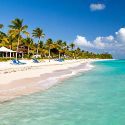 Caribbean Holidays, Bahamas City Breaks, Clear turquoise water and white sandy beach at Cable Beach near Nassau with palm trees and sun loungers