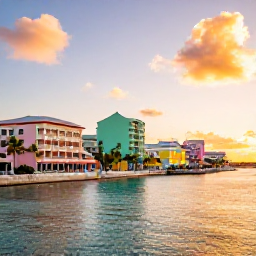 Caribbean Holidays, Bahamas City Breaks, Colourful Nassau waterfront at sunset with pastel buildings, palm trees and calm turquoise water