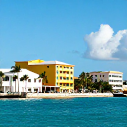 Caribbean Holidays, Bahamas City Breaks, Colourful waterfront scene in Nassau, Bahamas, with palm trees, bright buildings and turquoise sea