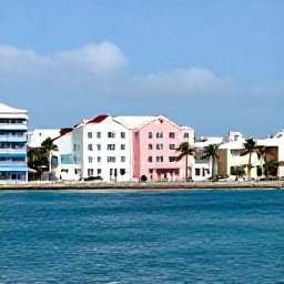Caribbean Holidays, Bahamas City Breaks, Colourful waterfront view of Nassau, The Bahamas, with pastel buildings, palm trees and bright blue sea
