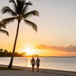 Caribbean Holidays, Bahamas City Breaks, Couple enjoying a sunset walk along a Nassau beach with palm trees, calm water and warm golden light