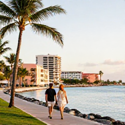 Caribbean Holidays, Bahamas City Breaks, Couple walking along a sunny Nassau waterfront at golden hour with palm trees, pastel buildings and calm sea