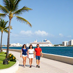 Caribbean Holidays, Bahamas City Breaks, Happy travellers walking along a sunny Nassau waterfront in The Bahamas, with palm trees and cruise harbour in the background
