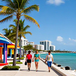 Caribbean Holidays, Bahamas City Breaks, Happy travellers walking along a sunny Nassau waterfront with palm trees, colourful shops and the Caribbean Sea