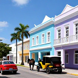 Caribbean Holidays, Bahamas City Breaks, Historic colonial streets in downtown Nassau with pastel buildings, palm trees and a horse-drawn carriage