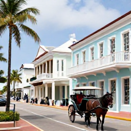 Caribbean Holidays, Bahamas City Breaks, Historic Nassau street with pastel colonial buildings, a horse-drawn carriage, palm trees and visitors exploring