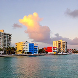 Caribbean Holidays, Bahamas City Breaks, Nassau waterfront at sunset with colourful buildings, palm trees and calm turquoise water