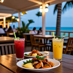 Caribbean Holidays, Bahamas City Breaks, Outdoor caf&eacute; in Nassau with Bahamian food, colourful drinks and relaxed evening atmosphere