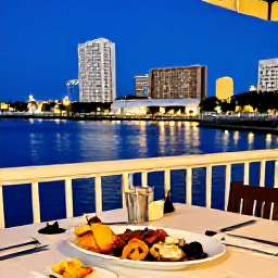 Caribbean Holidays, Bahamas City Breaks, Outdoor table at a Nassau restaurant in The Bahamas, serving Bahamian seafood beside a lively harbour at evening