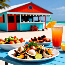 Caribbean Holidays, Bahamas City Breaks, Outdoor table in Nassau serving Bahamian conch salad, grilled seafood and tropical drinks beside a colourful local restaurant