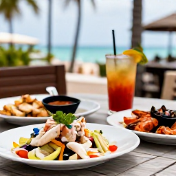 Caribbean Holidays, Bahamas City Breaks, Outdoor table with Bahamian conch salad, grilled seafood and tropical drink at a Nassau restaurant