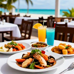 Caribbean Holidays, Bahamas City Breaks, Outdoor table with fresh Bahamian seafood, tropical drinks and local dishes in a Nassau restaurant