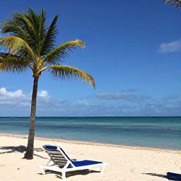 Caribbean Holidays, Bahamas City Breaks, Relaxed June afternoon at Cable Beach near Nassau with sun loungers, palm trees and calm turquoise water