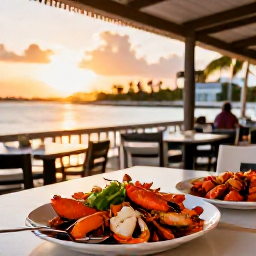 Caribbean Holidays, Bahamas City Breaks, Relaxed outdoor restaurant in Nassau serving fresh Bahamian seafood at sunset
