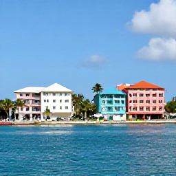 Caribbean Holidays, Bahamas City Breaks, Sunny Nassau waterfront with pastel buildings, palm trees and clear turquoise water in April