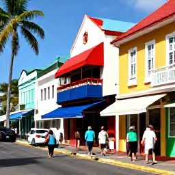 Caribbean Holidays, Bahamas City Breaks, Visitors walking through colourful downtown Nassau streets near historic colonial buildings, local shops and palm trees