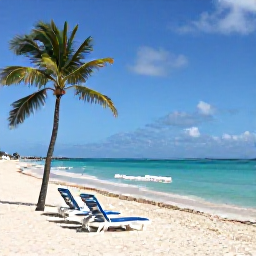 Caribbean Holidays, Bahamas City Breaks, White sandy beach and clear turquoise water near Nassau, Bahamas, with sun loungers and palm trees