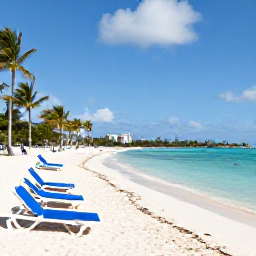 Caribbean Holidays, Bahamas City Breaks, White sandy beach near Nassau with clear turquoise water, sun loungers and palm trees under a bright sky