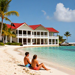 Caribbean Holidays, Bahamas Couples Holidays, A couple relaxing beside a turquoise lagoon with palm trees and a stylish beachfront resort in the Bahamas