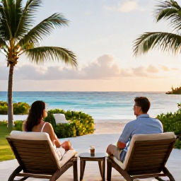 Caribbean Holidays, Bahamas Couples Holidays, A couple relaxing on a stylish Bahamas beach resort terrace overlooking the Caribbean Sea, tropical greenery and soft morning light