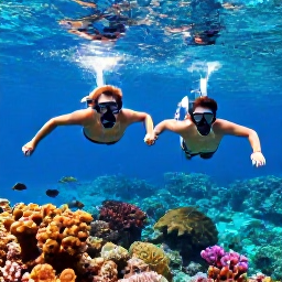 Caribbean Holidays, Bahamas Couples Holidays, A couple snorkelling over a colourful coral reef in clear blue Bahamian water, with tropical fish visible below