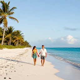 Caribbean Holidays, Bahamas Couples Holidays, A couple walking hand in hand along a quiet white-sand beach in The Bahamas at sunrise, clear turquoise water and palm trees