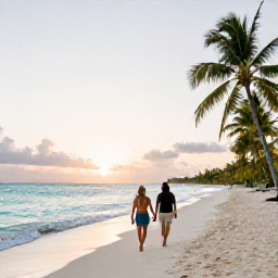 Caribbean Holidays, Bahamas Couples Holidays, A couple walking hand in hand along a quiet white-sand beach in the Bahamas at sunset, turquoise sea and palm trees
