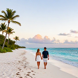 Caribbean Holidays, Bahamas Couples Holidays, A couple walking hand in hand along a quiet white-sand beach in the Bahamas at sunset, turquoise water and palm trees